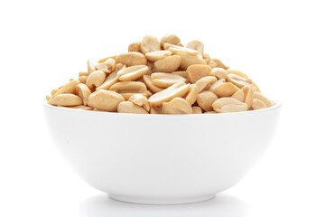 Close up of crunchy roasted Peanuts Indian namkeen (snacks) on a ceramic white bowl. 