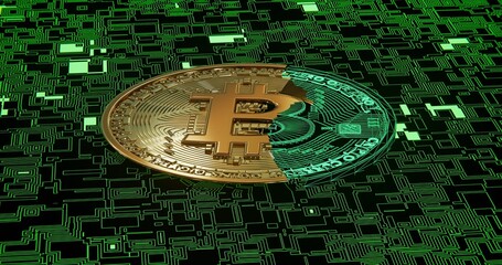 Fototapeta na wymiar bitcoin symbol on green tech background emission