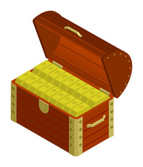 open wooden chest full of pirate treasures. Ingots of gold in chest. Success in search for wealth on sunken ships. Isometric 3D vector