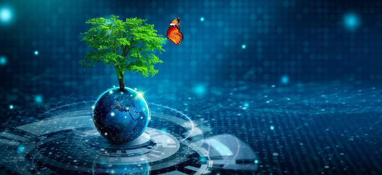 Tree growing on Earth with abstract blue background. Environmental Technology, Earth day, Energy saving, Environmentally friendly, csr, and IT ethics Concept. Elements furnished by NASA.