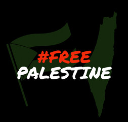 Illustration text hashtag FREE PALESTINE with flag and palestine map icon on black background.