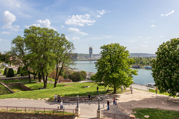 Naklejka premium Belgrade, Serbia - May 2, 2021: Belgrade Waterfront residences and business buildings under construction in Belgrade.