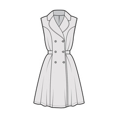 Dress coat trench technical fashion illustration with double breasted, sleeveless, fitted body, knee length semi-circular skirt. Flat apparel front, grey color style. Women, men unisex CAD mockup