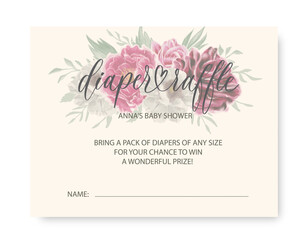 Diaper raffle Baby shower card. Wavy elegant calligraphy spelling for decoration.