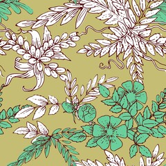 Floral ornament. Plexus of branches and leaves of trees, shrubs and herbs. Decorative and wild flowers. Seamless. Beautiful summer, spring composition. Vector illustration.