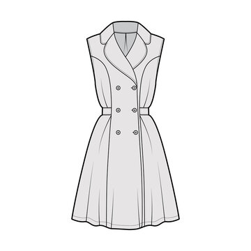 Dress coat trench technical fashion illustration with double breasted, sleeveless, fitted body, knee length semi-circular skirt. Flat apparel front, grey color style. Women, men unisex CAD mockup