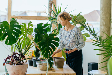 Gardening hobby website landing page. Blond attractive woman surrounded by exotic plants replanting seedlings in orangery. Domestic plants nursery and care concept.