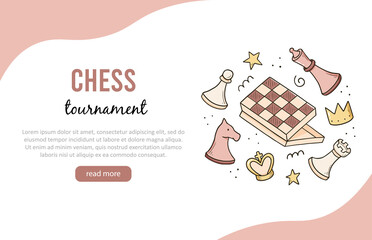 Obraz premium Hand drawn banners template with cartoon chess game elements. Doodle sketch style. Vector illustration for a chess club, tournaments banner, frame, brochure background.