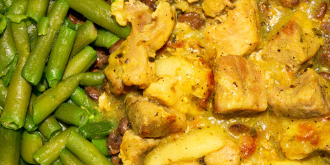 Beans with meat dish top view.Meat with string beans background.