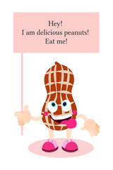 Cartoon peanuts. Peanuts with face, arms and legs. Food is like a smiley for children.