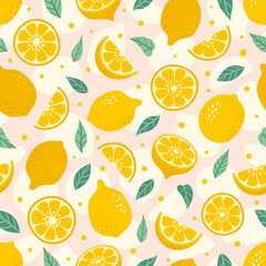 Cute Vector Lemon Hand drawn seamless pattern. Cartoon summer fruit slice, fresh green leaves, yellow lemons print on pink background. Lemonade repeat texture for wallpaper, fabric design, paper