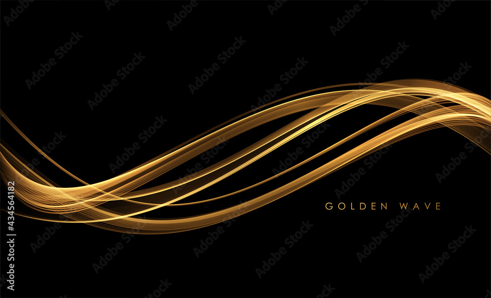 Poster Abstract Gold Waves. Shiny golden moving lines design element with glitter effect on dark background for greeting card and disqount voucher.
