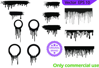 Dripping paint drips background. Excellent drips illustration. Collection of dripping paints.	Black dripping ink painted oil drips liquid drops art messy paint splatter melt fluid spots. 
