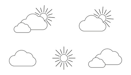 Set with different weather icons. Icons of sun and cloud on a white background. Sunny vector logo. 
