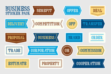 Set of multicolor vector business stickers with white frames for web and graphic design made of labels with business words composed with hand drawn letters