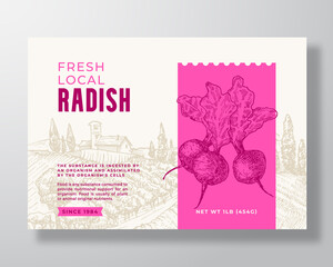 Vegetables Food Label Template. Abstract Vector Packaging Design Layout. Modern Typography Banner with Hand Drawn Radish and Rural Landscape Background. Isolated