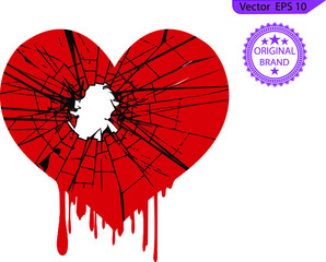 Red heartbreak,  flat drip heart  icon for apps, print and websites. Heart icon cracks in the middle of the heart, transparent  background . 
