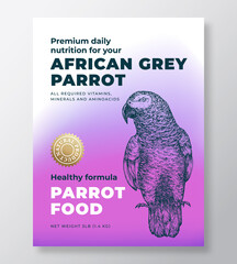 Pet Bird Food Product Label Template. Abstract Vector Packaging Design Layout. Modern Typography Banner with Hand Drawn African Grey Parrot Sketch Background. Isolated
