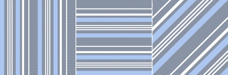 Stripe pattern vector in navy blue, bright blue, white. Seamless herringbone textured vertical, horizontal, diagonal dark bright stripes for autumn dress, shirt, trousers, other modern textile design.