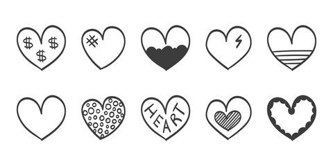 Hand drawn hearts. Set of hand drawn hearts on a white background. Vector illustration