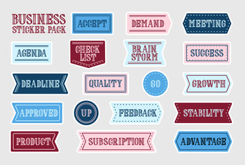 Set of multicolor vector business stickers with white frames for web and graphic design made of labels with business words composed with hand drawn letters