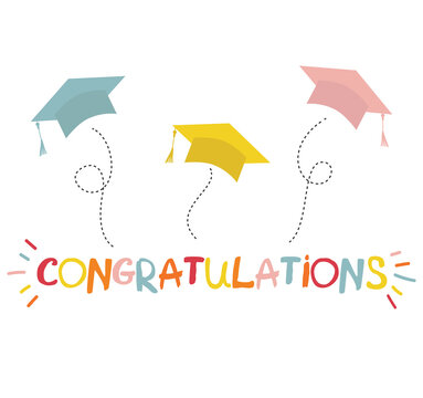 Word congratulations lettering vector concept without background. Graduate cap thrown up. Congrats graduates 2022 class. Flat cartoon design of greeting, banner, invitation card.