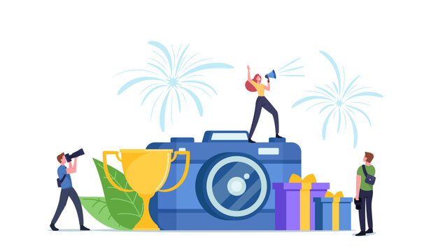 Tiny Female Character with Loudspeaker Stand on Huge Camera Announce Photography Competition or Photo Contest Concept