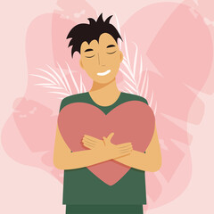 Cute Smiling Man Hugging Big Heart with Love and Care. Self Care , Love, Motivate, Relax, MeTime, Slow Life Concept. Vector Valentines Postcard. Pink Tropical Plant Background.