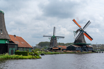 Naklejka premium view of the historic windmills at Zaanse Schaans in North Holland