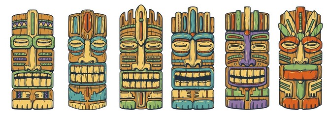 Tiki mask for hawaii surfing bar. Traditional ethnic idol set of maori or polynesian. Tribal totem - obrazy, fototapety, plakaty
