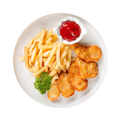 Isolated plate of fish and chips with ketchup on white background