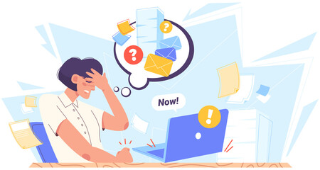 Tired girl feel headache, overworked, tension. Sad woman at table hold on head and answers letters, messages. A lot of urgent work, tiredness, office routine. Stress at work concept flat illustration.