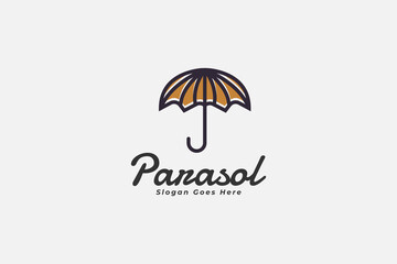 Beach Umbrella Logo with Vintage Style in Linear Concept. Parasol Logo Design Template. Usable for Business and Branding Logos