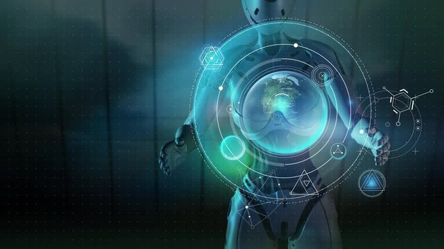 Alien examines infographics about the planet earth.