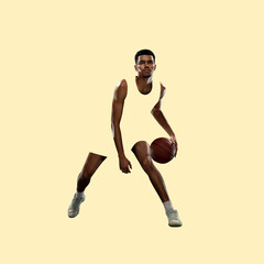 Fototapeta na wymiar Modern design, contemporary art collage. Inspiration, idea, trendy magazine style. Sport. Professional male basketball player on yellow background.