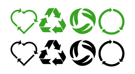 Recycling.Set recycle icons sign.Recycle logo or symbol.Vector green and black icons for packaging , recycling.ecology, eco friendly, environmental management symbols.