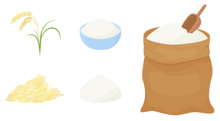 Bag of flour , shovel and ears of wheat isolated on white. Vector cartoon illustration.. Vector cartoon illustration.