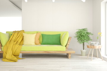 Modern living room in white color with sofa. Scandinavian interior design. 3D illustration