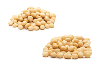 Macadamia nuts isolated on white background.