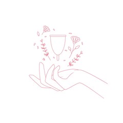 Woman's hand hold menstrual cup and flowers. Vector illustration