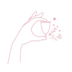 Woman's hand hold menstrual cup with flowers. Vector illustration