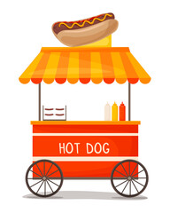 Fast food street hot dog cart. Hot dog trolley service provider stand. Fast food business seller kiosk. Hot dog fast food shop street cart city flat vector. For design, web, graphics and advertising.