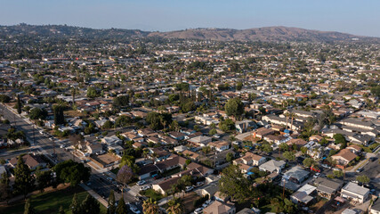 Sunset aerial view of a residential district in La Habra, California, USA.