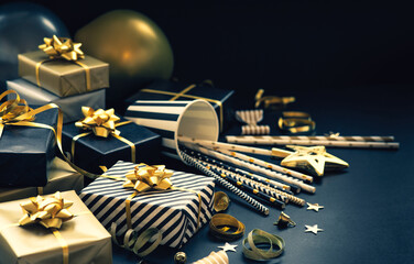 Selective focus/group of gift box and party ornament.Merry christmas,xmas and new year celebration concepts