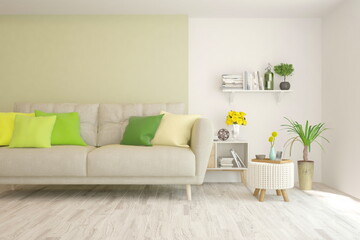 Modern living room in white color with sofa. Scandinavian interior design. 3D illustration