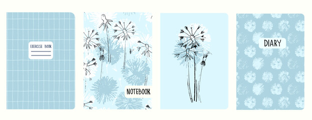 Set of cover page templates with dandelions and and hand drawn grid patterns. Based on seamless patterns. Headers isolated and replaceable. Perfect for school notebooks, notepads, diaries, etc - obrazy, fototapety, plakaty