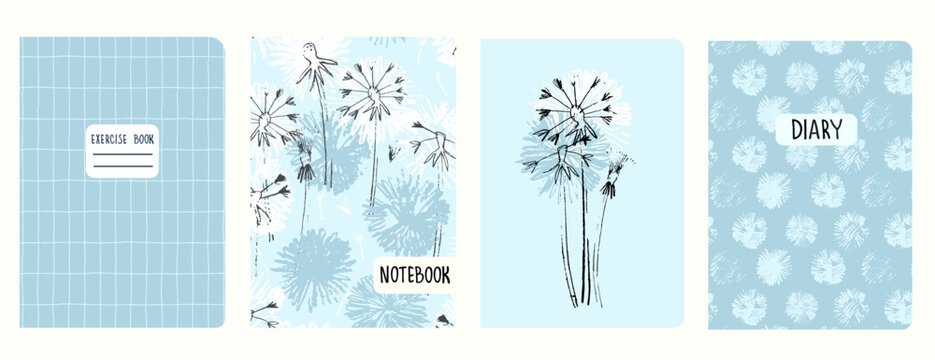 Set of cover page templates with dandelions and and hand drawn grid patterns. Based on seamless patterns. Headers isolated and replaceable. Perfect for school notebooks, notepads, diaries, etc