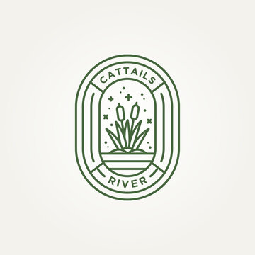 cattail on the river minimalist line art badge logo vector illustration design. simple modern reed, river plant, creek emblem logo concept