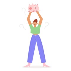 Concept of the family budget crisis. Vector illustration with a woman holding a broken and empty piggy bank. 