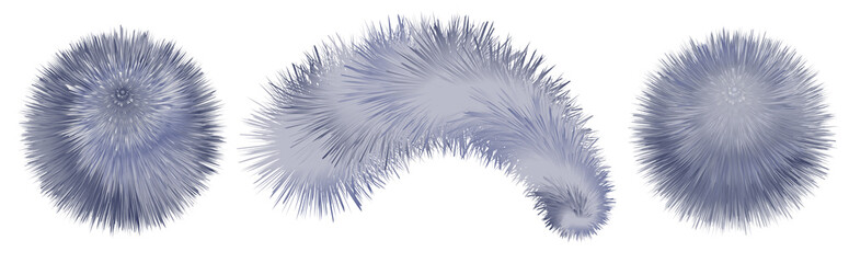 Fototapeta premium Fur pompoms isolated. Furry realistic shaggy texture. Blue and gray pompons. Vector illustration
